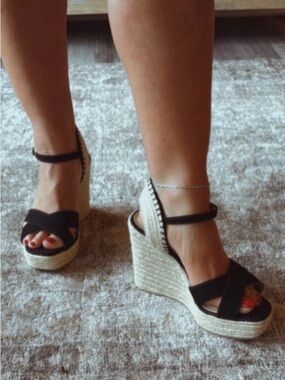 Soda Black Espadrille Wedge Sandals with Ankle Strap